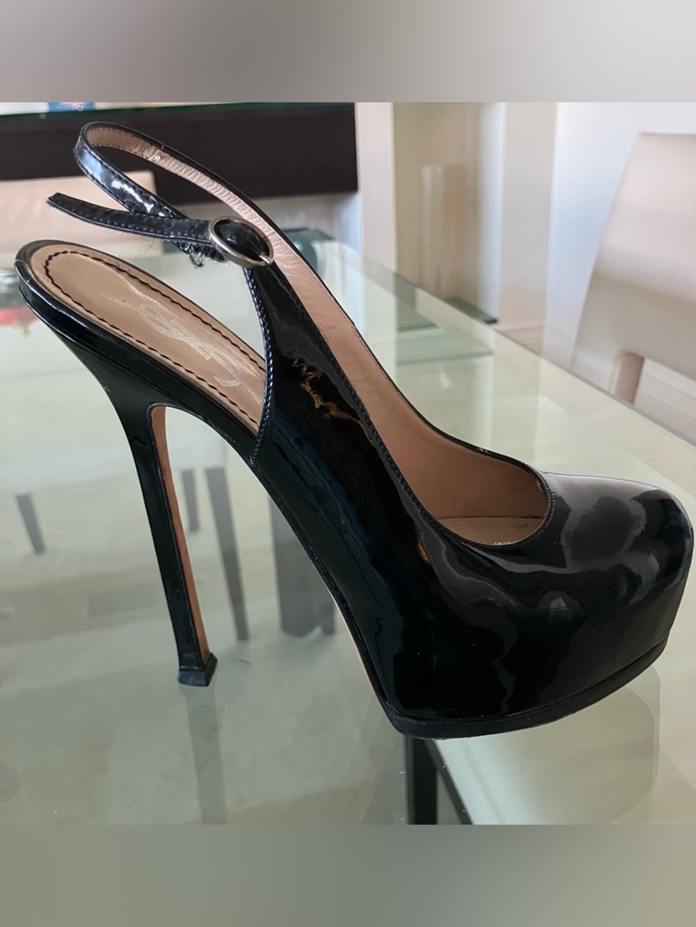 Yves Saint Laurent Black Patent Platform Slingback Heels